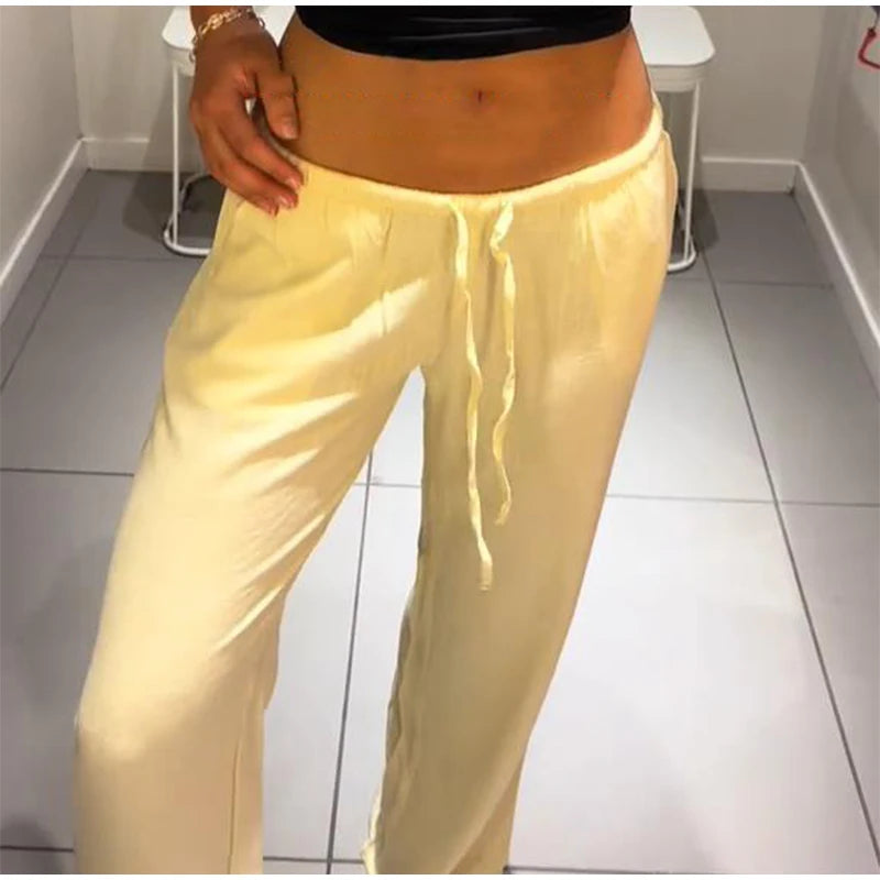 Aiertu  -  Casual Baggy Pants Women High Waist Wide Leg Straight Drawstring 2025 Summer Trouser Low Waist Striped Holiday Street Pants Aiertu