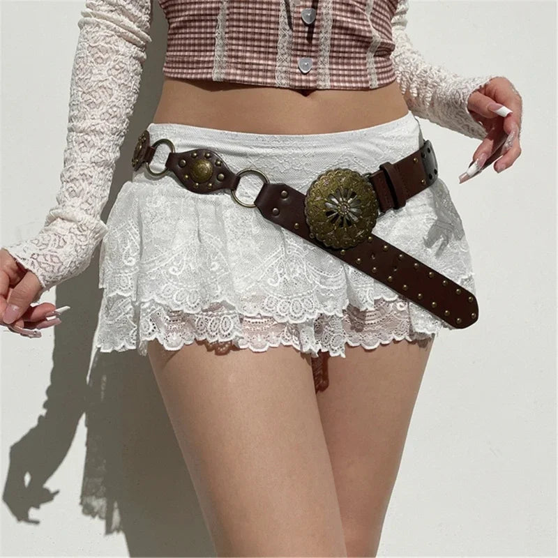 Aiertu  -  layered look inspo Elegant White Mini Skirt for Women High Waist Ruffle Lace Patchwork Fairycore Perfect for Parties and Nightclubs Aiertu