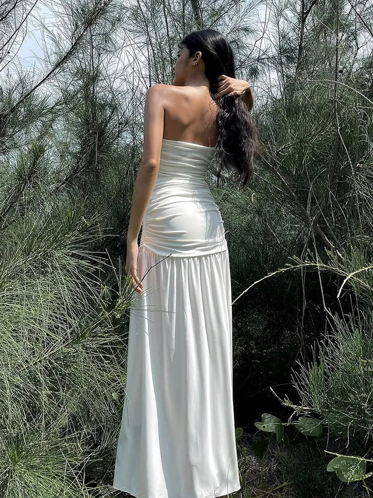 Aiertu  -  Summer High Slits Temperament Dress Biased Collar Backless Folds Skinny Sleeveless Vacation Beach Party Classic Vestidos Aiertu