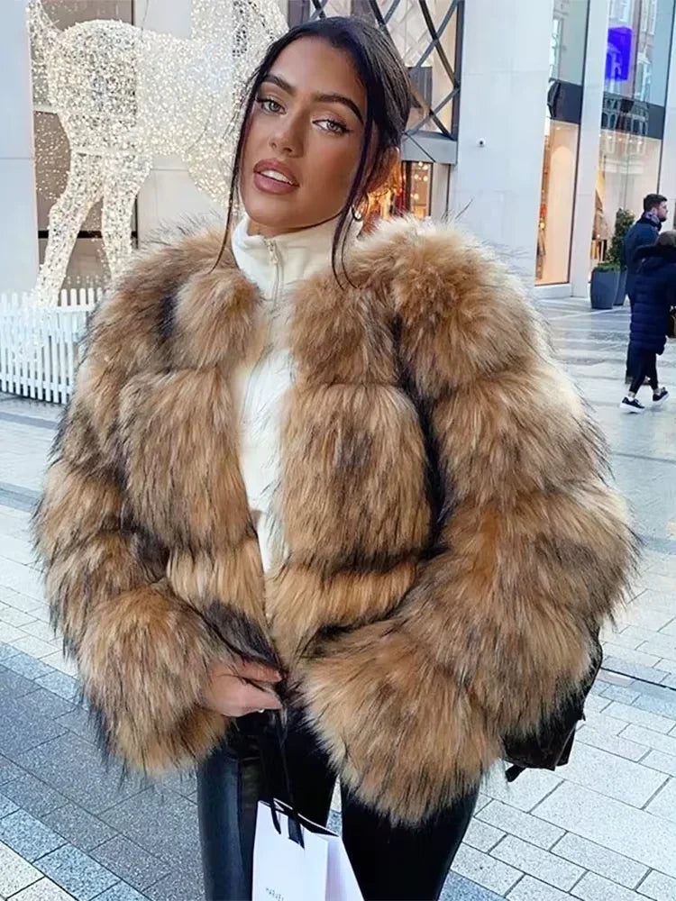 Aiertu  -  Women Fashion Faux Raccoon Fur Coat Luxury Short Furry Fur Top Jacket Women Winter Plush Fluffy Jacket Thick Fur Coats for Women Aiertu