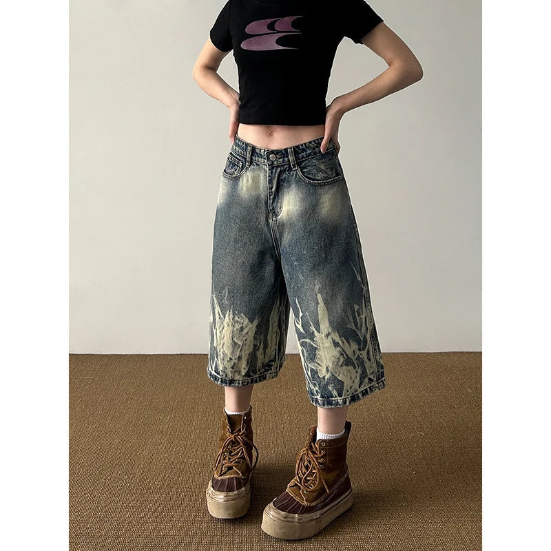 Aiertu  American Vintage High Waist Trashy Loose Jeans 2025 Summer Women's Casual Baggy Y2K Shorts Wide Leg Grunge Print Denim Shorts Aiertu