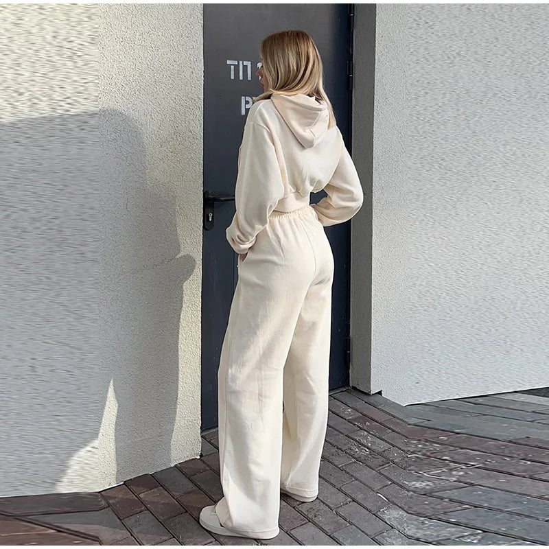 Aiertu  -  Casual Solid Hoodies Pants Set Women Long Sleeve Zipper Short Sweatshirt Loose Drawstring Trouser 2026 Autumn New Lady Tracksuit Aiertu