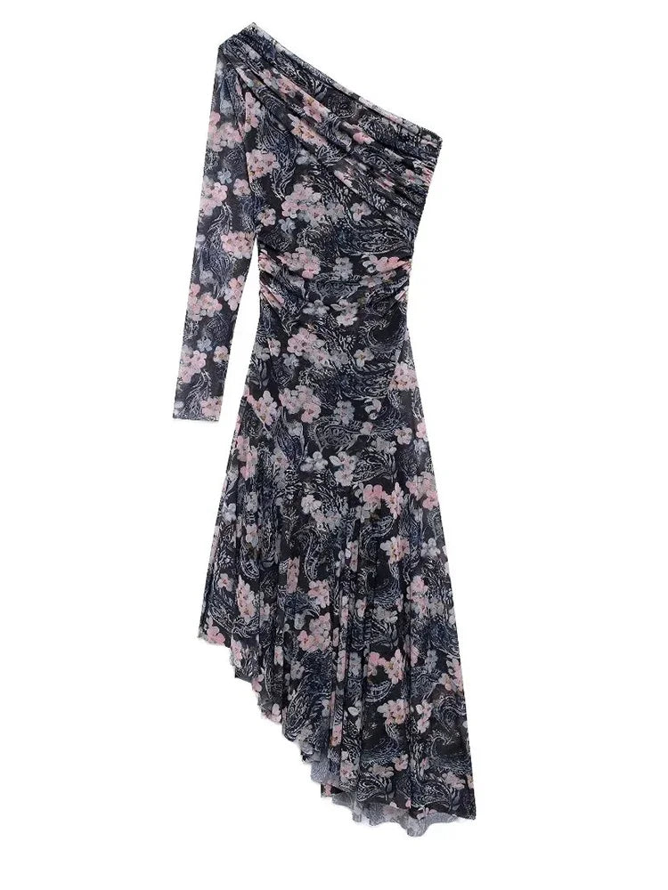 Aiertu  -  Women Fashion Printed Pleated Midi Dress Vintage Asymmetrical Neck One Shoulder Long Sleeve Female Chic Lady Dresses Aiertu