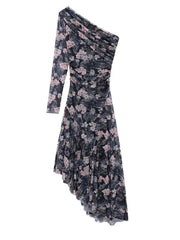Aiertu  -  Women Fashion Printed Pleated Midi Dress Vintage Asymmetrical Neck One Shoulder Long Sleeve Female Chic Lady Dresses Aiertu