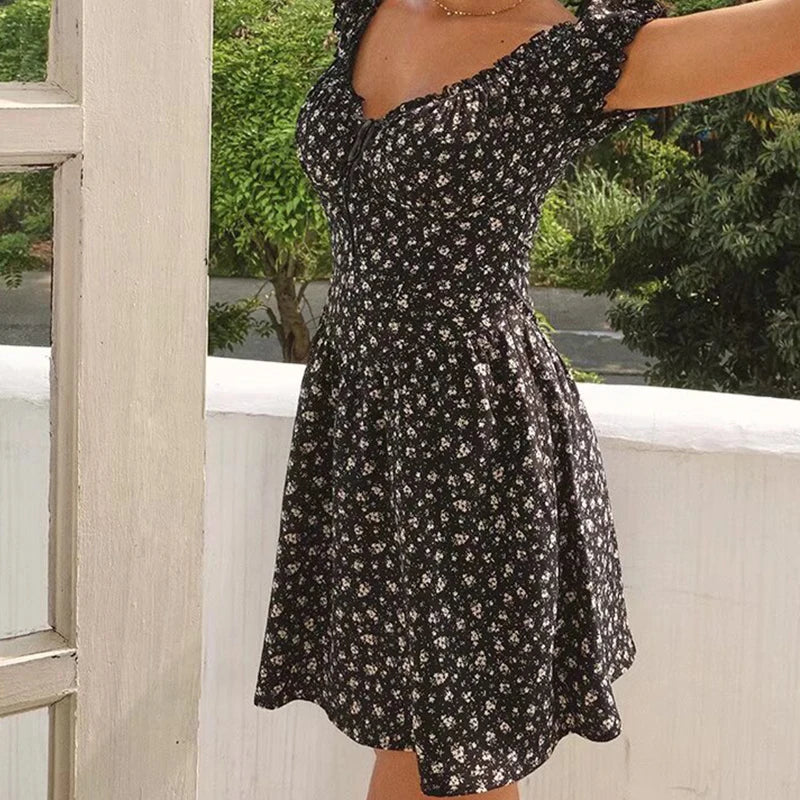 Aiertu  -  Holiday Summer Dresses 2025 Women French Style Floral Print Dress Vintage Short Sleeve V Neck A-line Mini Robe Sundress Aiertu
