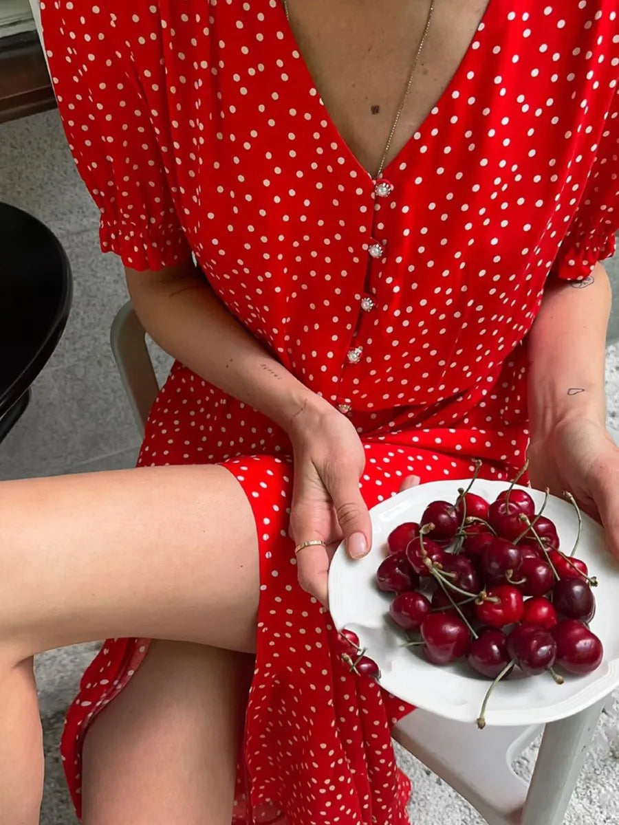 Aiertu      -  Polk Dot Red Midi Dress Women Summer New V Neck Short Sleeve Waist Cinched Split Dresses 2024 Elegant Casual Button Long Vestido Aiertu