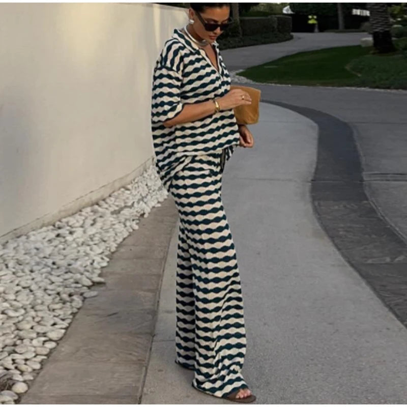 Aiertu  -  Stripe Pant Women's Suit Casual Laple Short Sleeve Tees Set Loose Waist Wide Leg Pants Female Set Summer Lady Street Outwears Aiertu