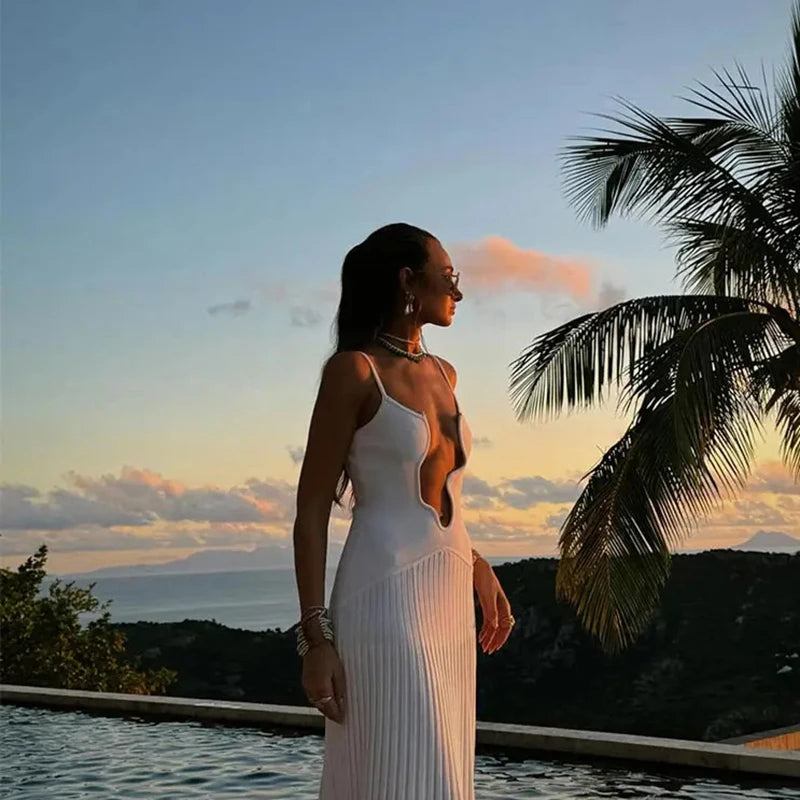 Aiertu  -  Elegant Solid Color Irregular V Neck Maxi Dress Sexy Sleeveless Backless Pleated Hem Resort Sling Dress 2025 Women Evening Dress Aiertu