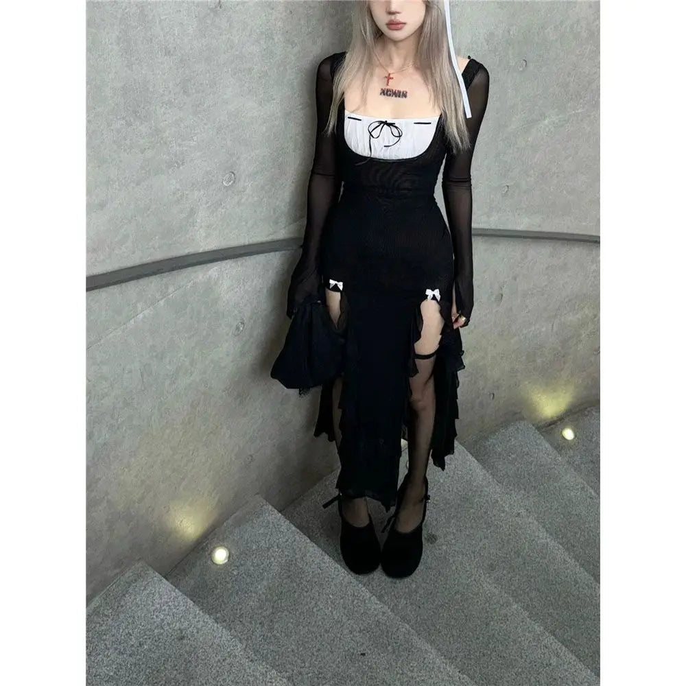 Aiertu  -  Sexy Japanese Constrast Color Big Square Collar Dress Sweet Bow Appliques Y2k Aesthetic Streetwear Clothing High Split Dresses Aiertu