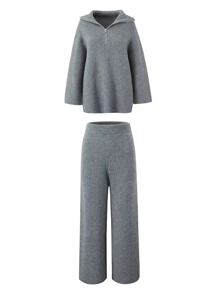 Aiertu  -  Grey Autumn Winter Knitted Sweater Pants Set 2 Pcs Outfits Thick Casual Wide Leg Pants Zip Pullover Female Loose Set Aiertu
