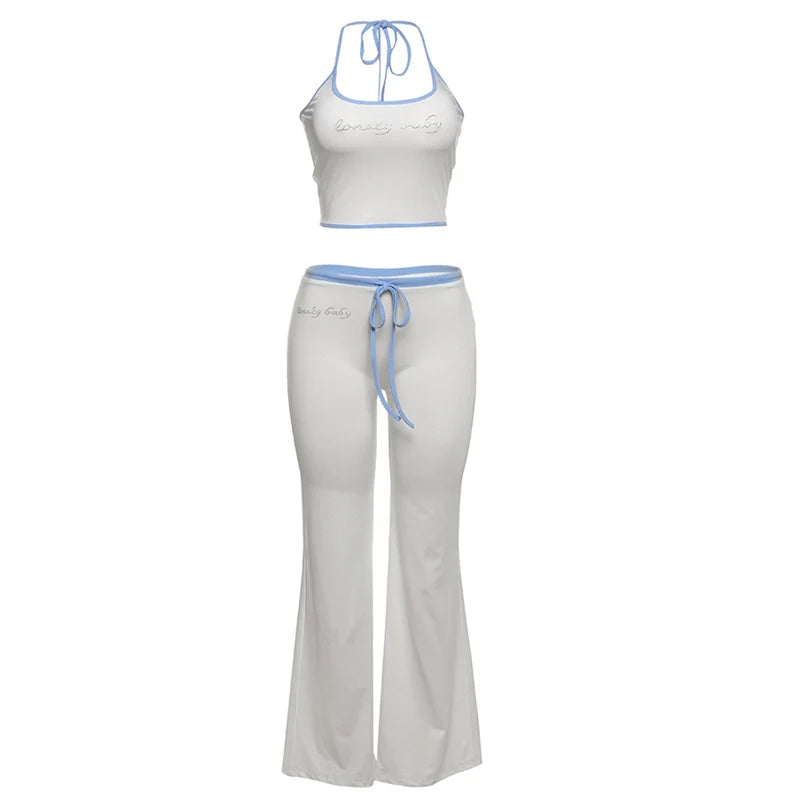 Aiertu  -  Simple Letter Print 2 Piece Set Women Halter Bandage Crop Tops+Drawstring Stretch Flare Pants Vacation Matching Suits Aiertu