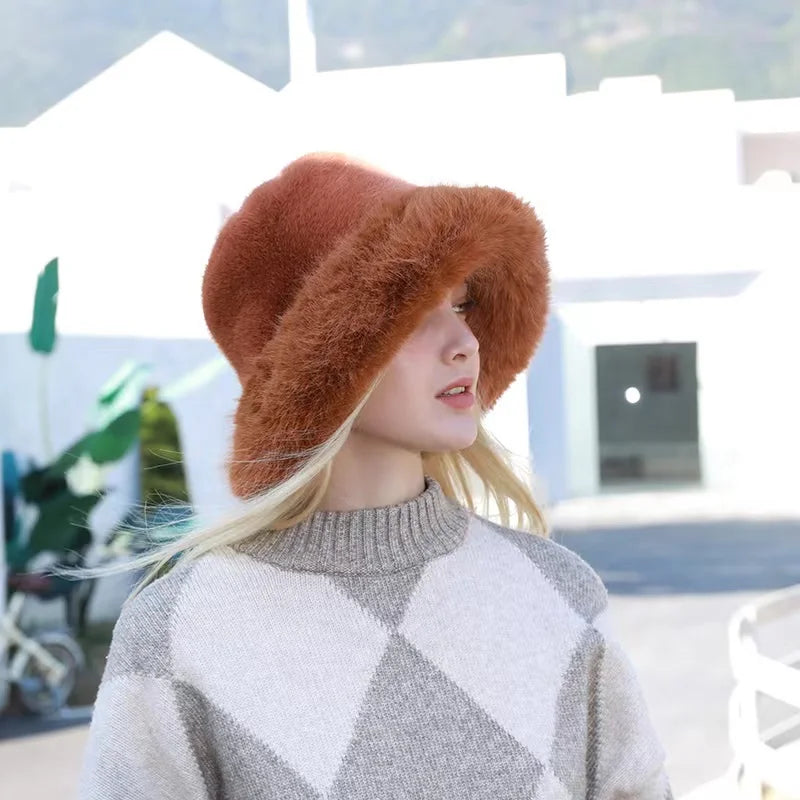 Aiertu  -  Autumn Winter Women Keep Warm Rainbow Faux Fox Fur Basin Cap Female Fashion Casual Party Bucket hat Music Festival Thickened Hat Aiertu