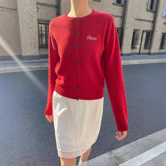 Aiertu  -  Winter New Letter Embroidery Cardigan Women Crew Neck Single Breasted Slim Sweater Long Sleeve Sweet Preppy Style Knit Outerwear Aiertu