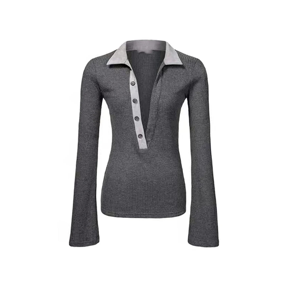 Aiertu  -  Simple Niche Characteristic Dark Gray Temperament Contrasting Suede Collar POLO Shirt Women’s Tight Slimming Deep V-neck Top Aiertu
