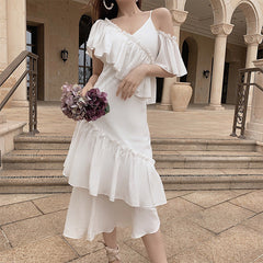 Aiertu - Sling ruffled off-shoulder slim dress Aiertu