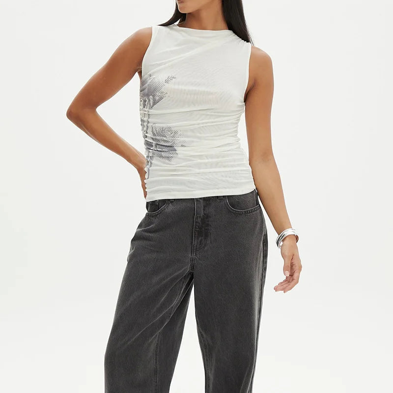 Aiertu  -  New O Neck Elegant Simple Chic Blouses, Women Summer Sleeveless Fashion Sweet Tops, 2025 Printing Holiday Pullover Ladies Shirts Aiertu