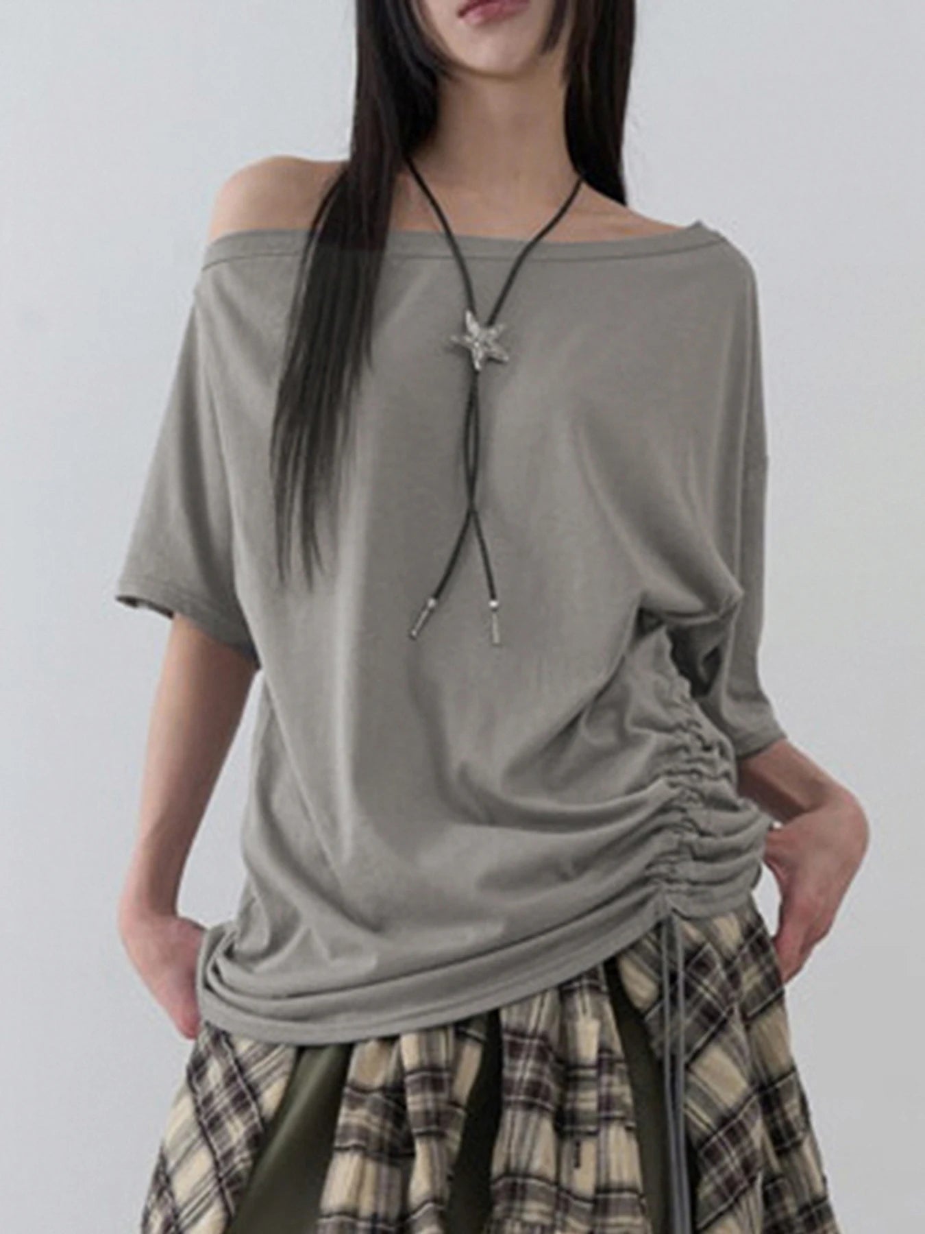 Aiertu  -  Solid Grey Loose Drawstring T-shirt Asymmetrical Off-shoulder Short Sleeve T Shirts Women Casual Summer Tees y2k Vintage Aiertu