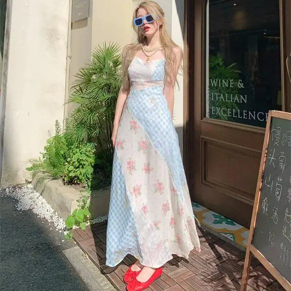 Aiertu  -  Summer Women Long Dress Sleeveless Patchwork Floral Gingham Spaghetti Strap Elegant Slim Maxi Dress Casual Vacation Beachwear Aiertu