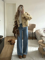 Aiertu  Women Fashion Faux Fur Printed Front Zipper Jackets Vintage Lapel Neck Long Sleeves Female Chic Lady Outfits Aiertu