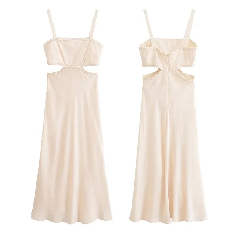 Aiertu  -  Sexy Hollow Out Sling Midi Dress Women Casual Pleated Square Collar Sleeveless A-line Female Dresses Summer Lady Vestidos Aiertu