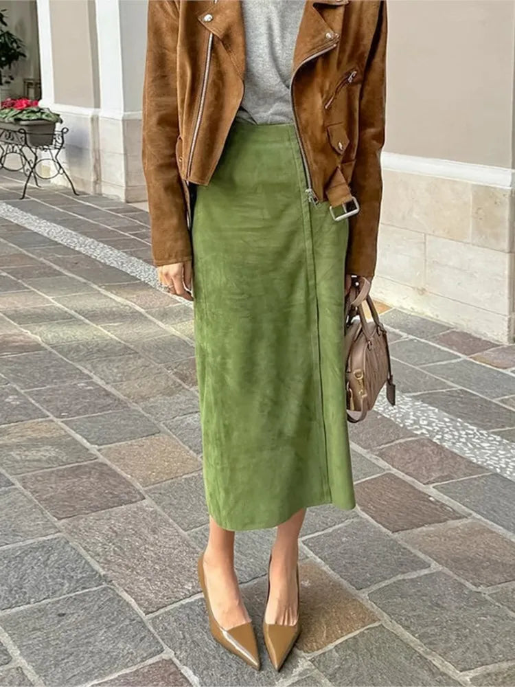 Aiertu  -  New Green Suede Chic Autumn Women Skirt Zipper High Waist Fashion Long Skirts Slit Eleagnt Lady Straight Skirt Winter New Aiertu