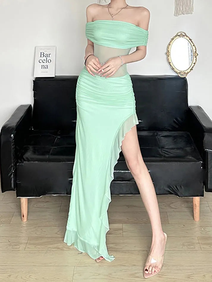 Aiertu  -Asymmetric Ruffle Off Shoulder Maxi Dress aiertu