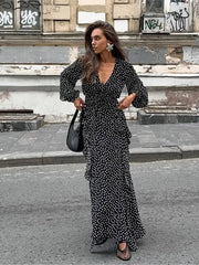 Aiertu  -  Dots Print Long Dresses Women Sexy V Neck Puff Sleeve Ruffle Maxi Dress Summer Elegant Casual Fashion A-line Vestidos New Aiertu