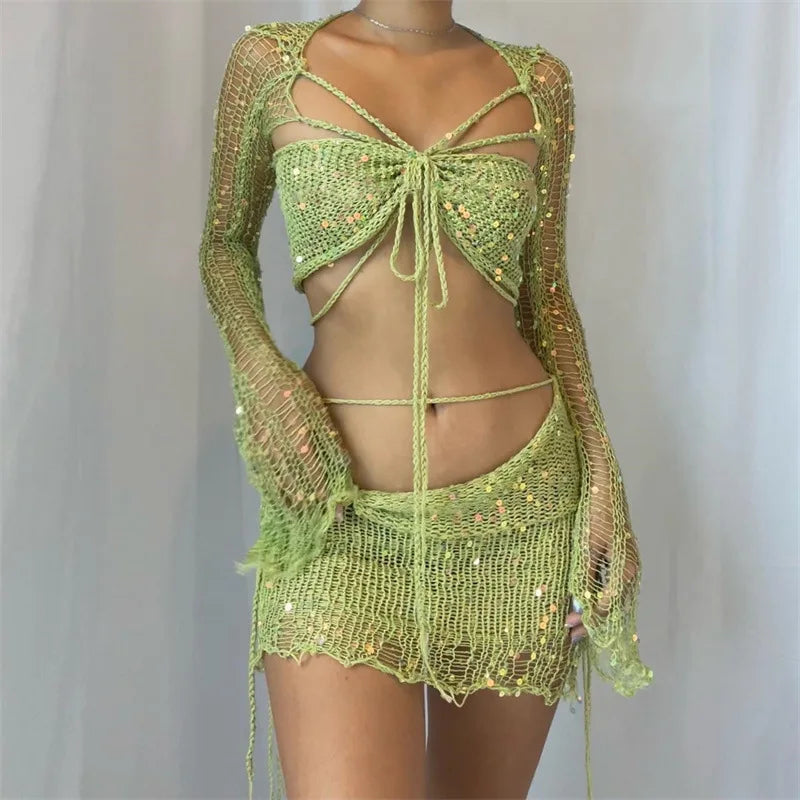 Aiertu  -  Knitted Skirt Sets Sequins Two Pieces Set Long Sleeve Crop Top and Skirt Suit Glitter Sets Sexy Crochet Matching Sets for Women Aiertu