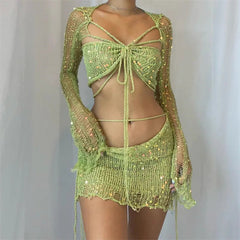 Aiertu  -  Knitted Skirt Sets Sequins Two Pieces Set Long Sleeve Crop Top and Skirt Suit Glitter Sets Sexy Crochet Matching Sets for Women Aiertu