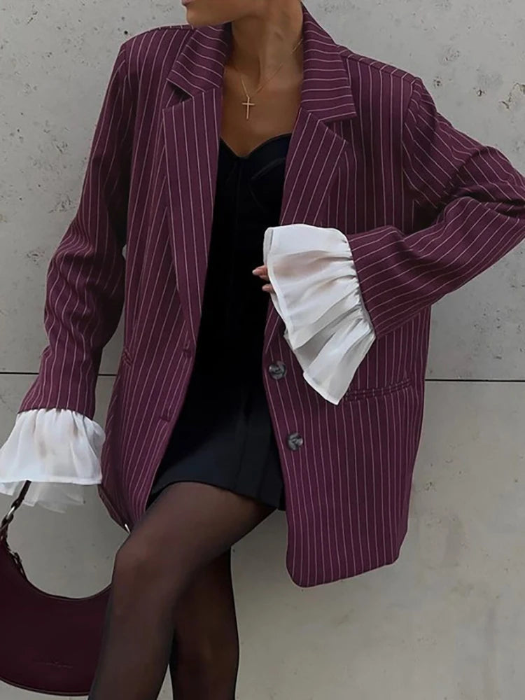 Aiertu  -  Patchwork Notched Collar Lace Women Blazer Flare Sleeve Single Breasted Jacket Femme Winter Loose Casual Women Coat Aiertu