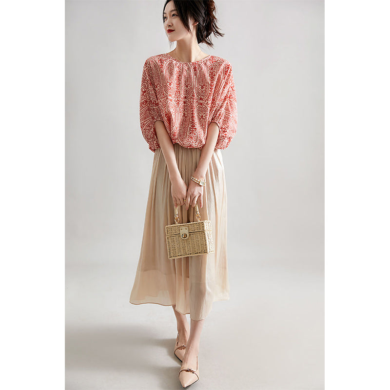 Aiertu Elegant Blouses Women Vintage Bow Bandage Print Shirts Office Lady Summer Korean Batwing Sleeve Casual All Match Chic Tops Aiertu