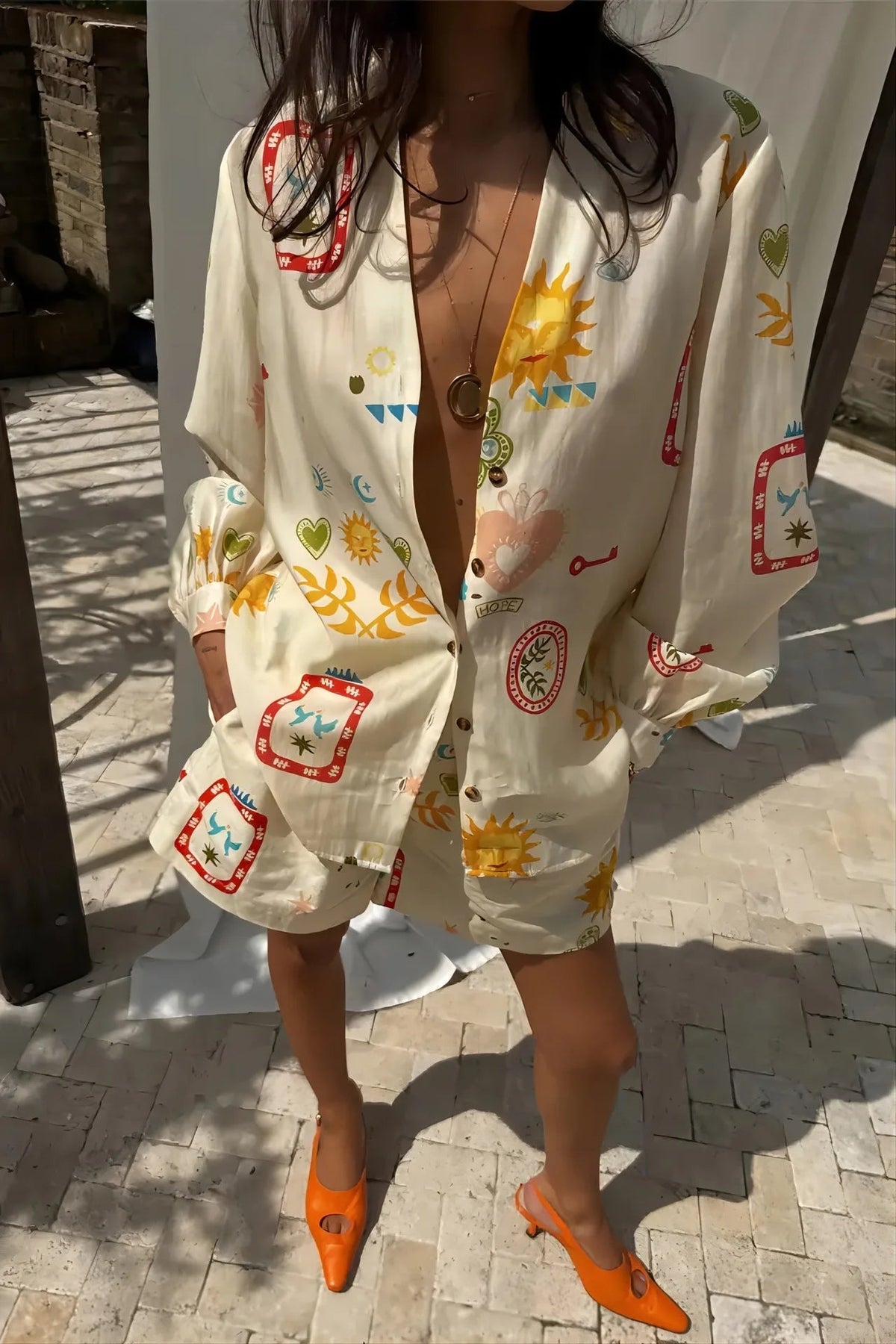 Aiertu  -  Women Fashion Elastic Waist Two Piece Sets Elegant Floral Print Lapel Long Sleeve Top Short Pants Suit Casual Holiday Outfits Aiertu