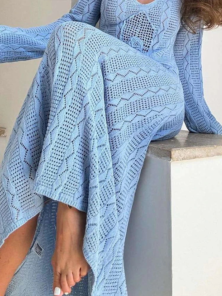 Aiertu  -  Casual Knitted Transparent Long Dresses Women Hollow Out Blue V-neck Full Sleeves Female Dress 2026 Autumn New Holiday Lady Robe Aiertu
