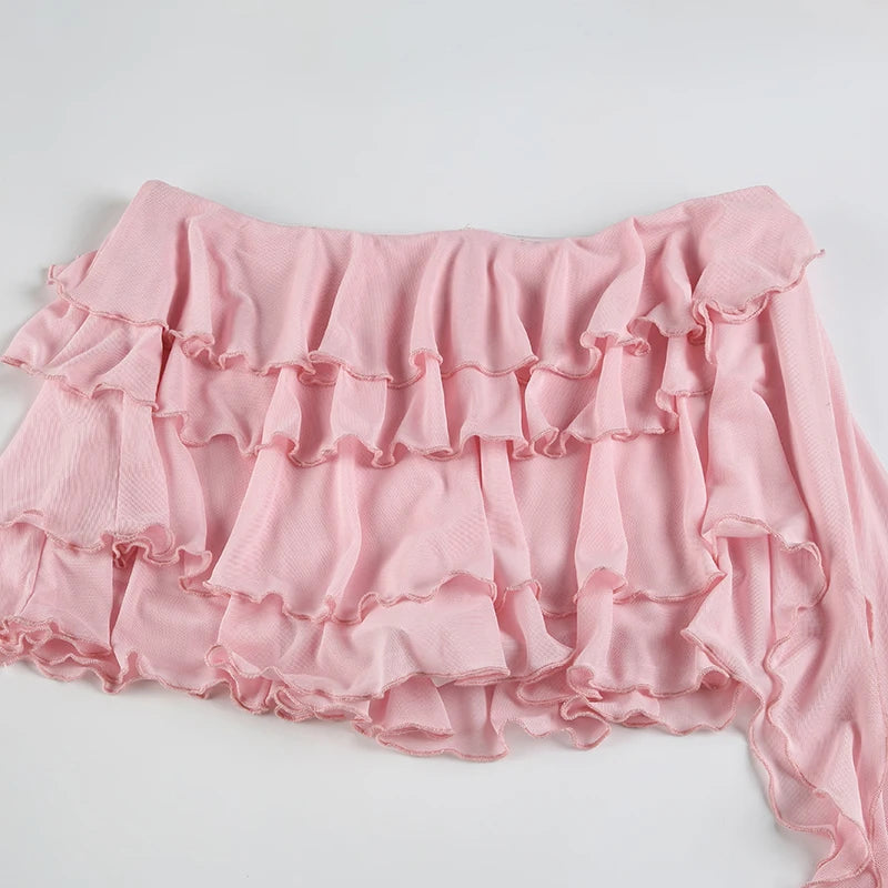 Aiertu  -  Vacation Tiered Layer Ruffles Mesh Mini Skirt Fairycore Irregular Ribbon Skirt Beach Young Hot Girl's Pink Skirt Summer Aiertu
