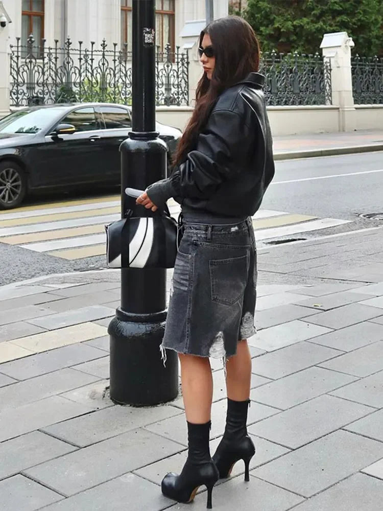 Aiertu  -  Fashion Black Zipper Pocket Lapel Bomber Jacket Casual Long Sleeved Pu Leather Jackets 2026 Autumn High Street Outerwear Aiertu