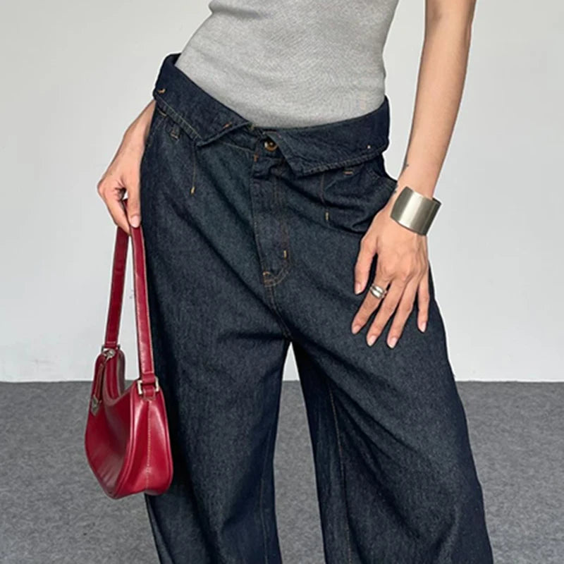 Aiertu  Stylish Y2K Fold Over Waist Baggy Jeans Dark Blue Vintage Casual High Street Loose Denim Straight Pants Elegant Lady Aiertu