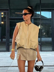Aiertu  -  Padded Beige Waistcoat Folds Winter Sleeveless Vest Coat Turtleneck Pockets Zipper Autumn Thick Warm Parka Jacket Aiertu