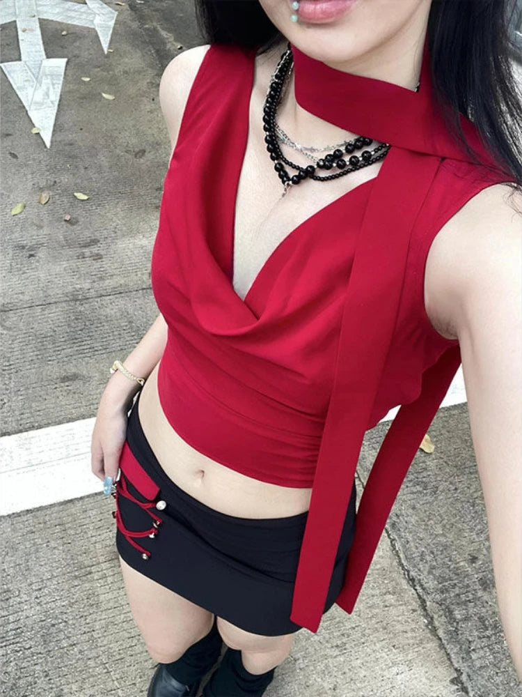 Aiertu  -  Streetwear Sexy Swing Collar Bandage Tanks 2025 Summer Harajuku Vintage Cropped Camisoles Y2k Aesthetic Fairy Solid Grunge Vests Aiertu