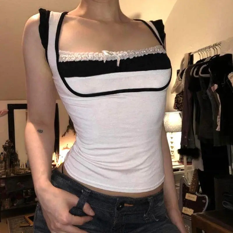 Aiertu  -  Bow Panelled American Sweet Cruel Women Clothing Lace Patchwork Y2K Goth Vintage Sling Vest 2025 New Elegant 2000S Tanks Aiertu