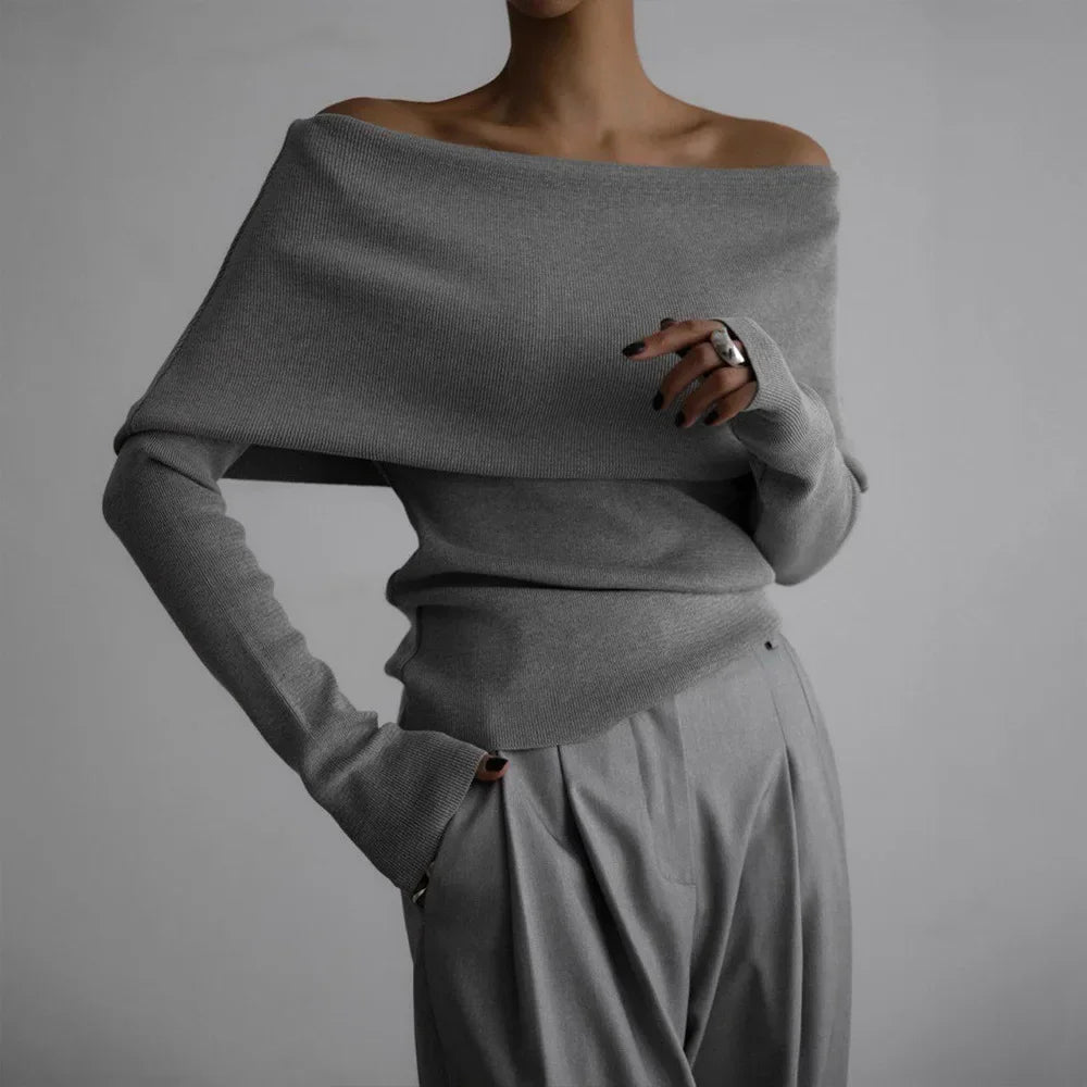 Aiertu  -  Women's Pullover Long Sleeved Knitted Base Shirt Autumn Winter Office Lady Sweater One Shoulder Sexy Slim Fit Off Shoulder Top Aiertu