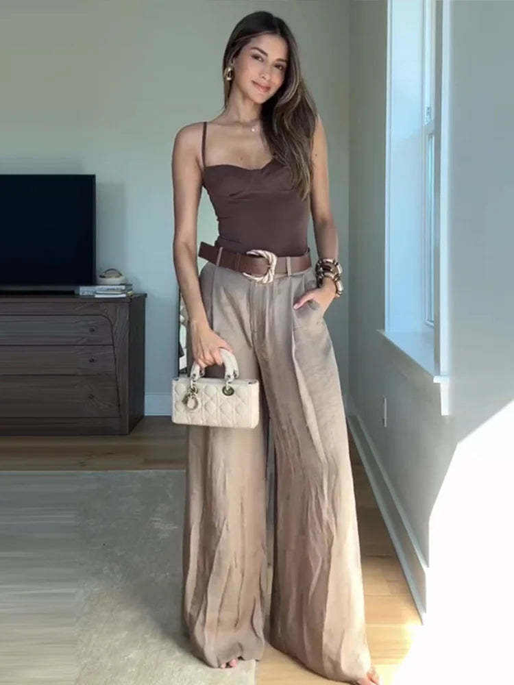 Aiertu  -  Women's Straight Pants Solid High Waist Belt Pockets Wide Leg Long Trousers Female 2025 Spring Lady Vintage High Street Wears Aiertu
