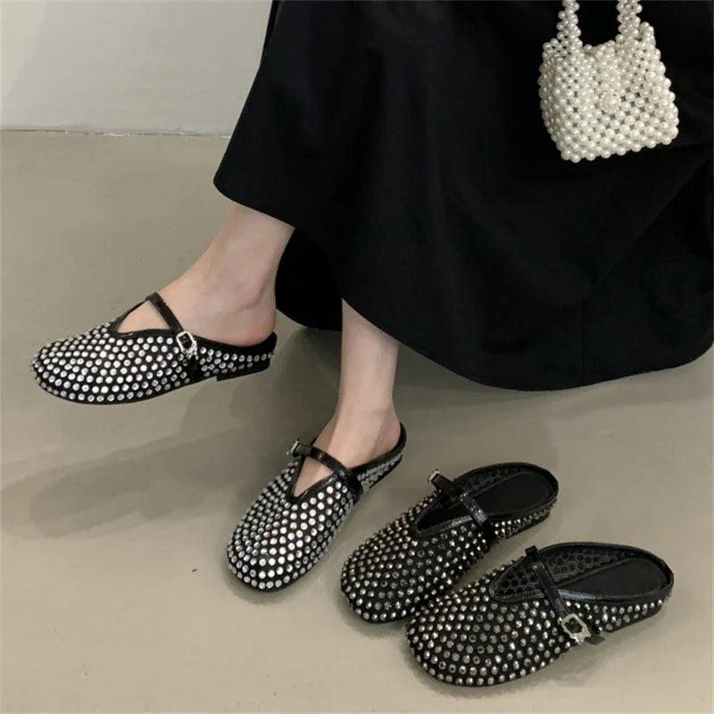 Aiertu  -   Fashion Design Crystal Rhinestone Round Toe Buckle Strap Mules Slippers Women Elegant Low Heels Casual Party Dress Shoes Aiertu