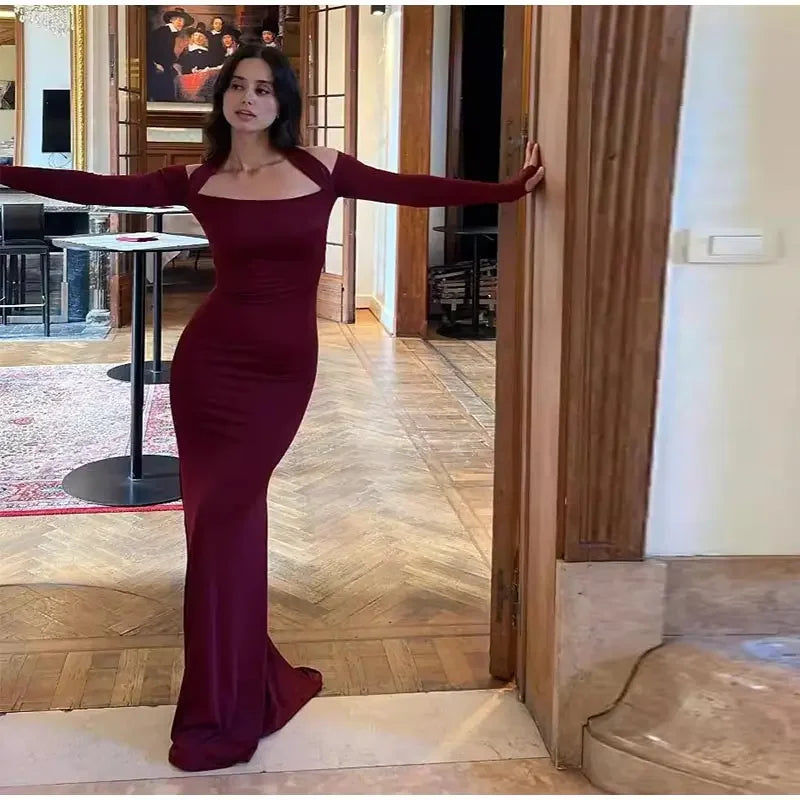 Aiertu  -  Sexy Solid Women Halter Dress Off Shoulder Long Sleeve Backless Slim Female Maxi Dresses 2025 Spring New Chic Elegant Lady Robe Aiertu