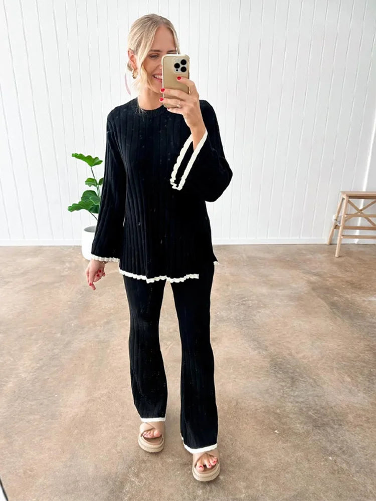 Aiertu  -  2026 Autumn Ruffle Basic Knitted Pants Set Round Neck Long Sleeves Top Wide Leg Trousers Suits Female 2026 Casual Office Outfits Aiertu