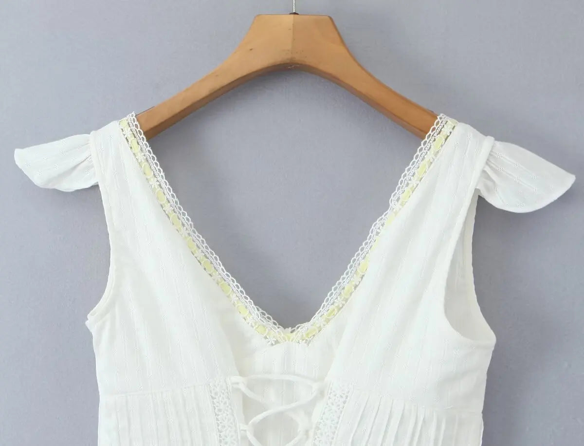 Aiertu  -  Luxury Dresses Women 2025 Summer Short Dress Sexy Frenchy White Lace Mini Dresses V Neck Short Sleeve Dress Back Lace Up Aiertu