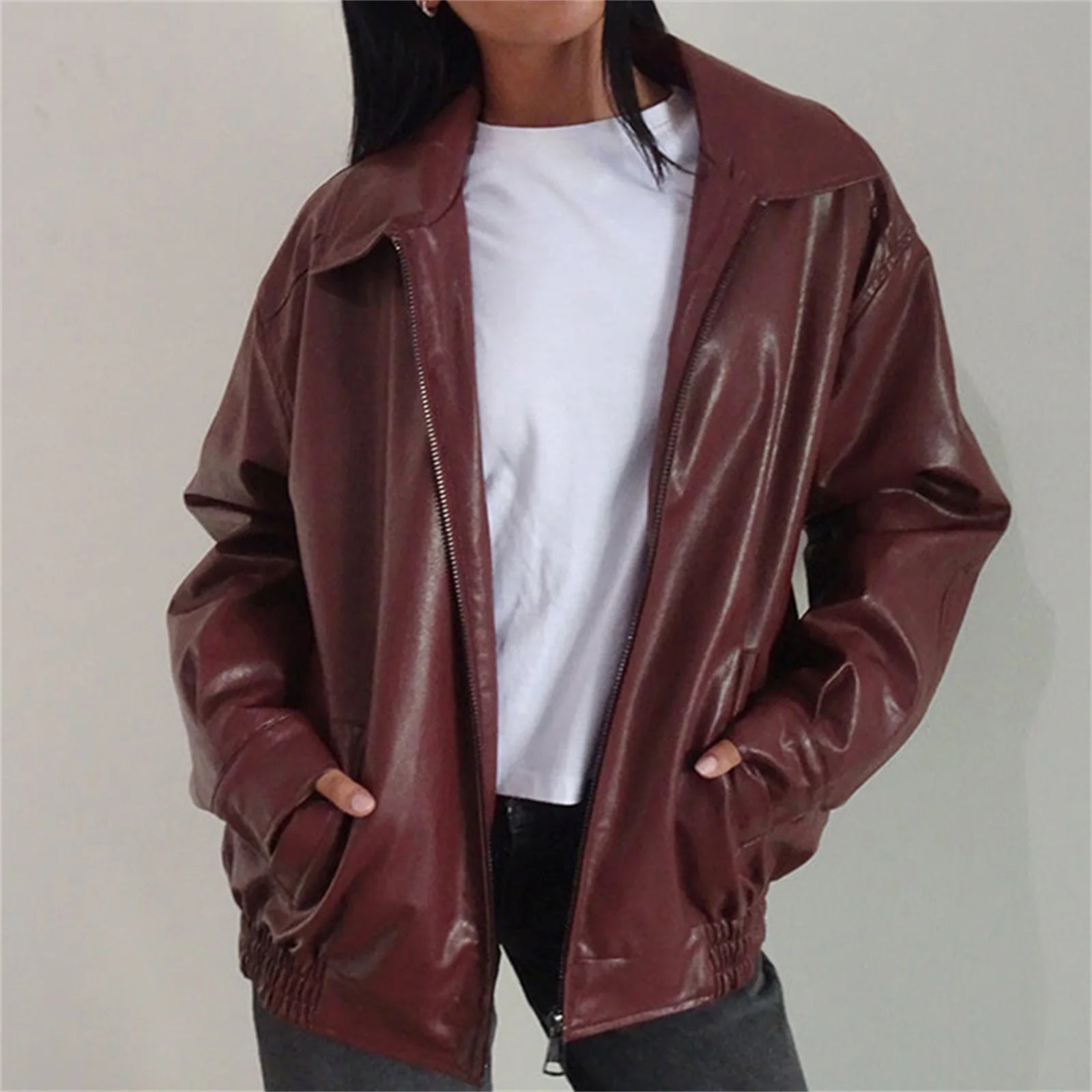 Aiertu  -  Womens Oversized Zip Up Leather Jackets Faux Motorcycle Bomber Coats Fall Fashion Outfits Winter Clothes Aiertu