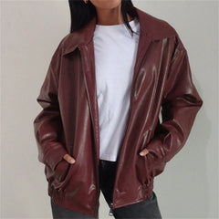 Aiertu  -  Womens Oversized Zip Up Leather Jackets Faux Motorcycle Bomber Coats Fall Fashion Outfits Winter Clothes Aiertu