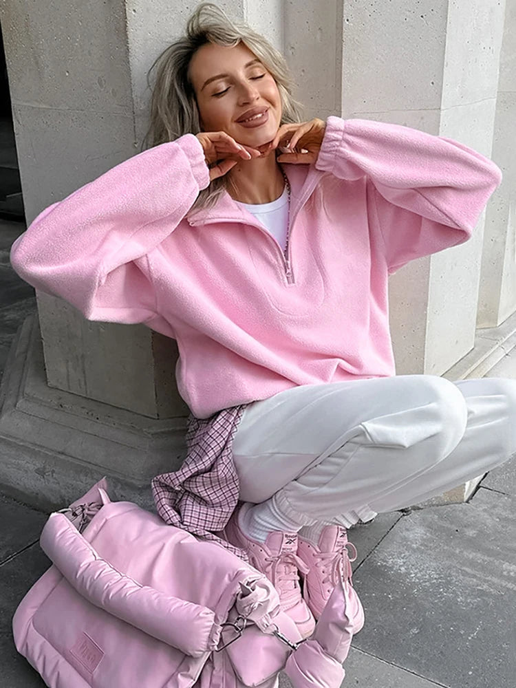 Aiertu  -  Fashion Women's Sports Sweatshirts Velvet 2026 Autumn Winter New Niche Solid Loose Casual Outer Top Long Sleeve Pullover Aiertu