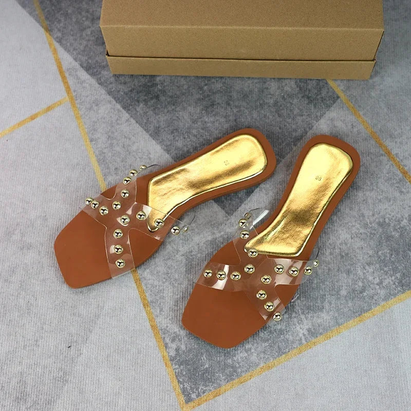 Aiertu  -  Transparent PVC Flat Slippers for Women 2025 Square Toe Outdoor Fashion Cross Design Female Slides Plus Size Summer Beach Shoes Aiertu