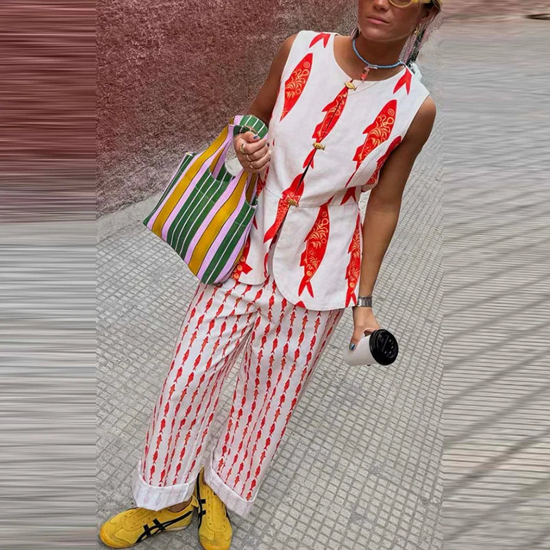 Aiertu    -  Fashion Women's Printed Vest Trouser Suits Sleeveless O-Neck Button Straight Pants Lady Sets 2025 Summer 2 Pieces Set Women Aiertu